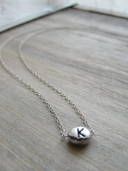 Silver initial bean charm - silver initial bean necklace - any letter - 1107