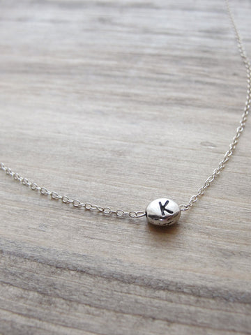 Silver initial bean charm - silver initial bean necklace - any letter - 1107