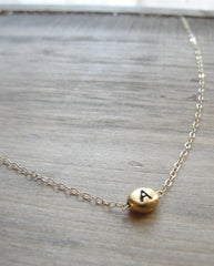 Gold necklace with initial bean charm - any letter - gold initial charm - 1107