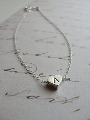 Tiny silver initial charm bracelet  - heart initial - any letter - minimal jewelry
