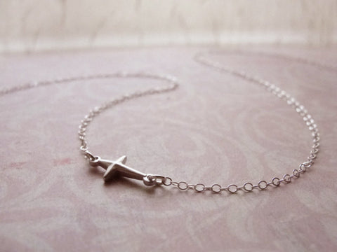 Tiny side cross necklace - small silver cross - little silver cross jewelry - 1182