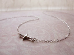Tiny side cross necklace - small silver cross - little silver cross jewelry - 1182
