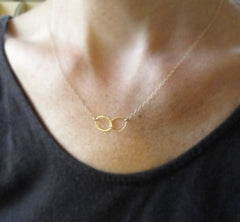 Double circle necklace - gold connected circles necklace - gold two circle necklace - 1133