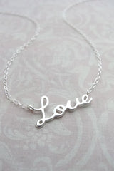 Silver love necklace - love script necklace in silver - 1128