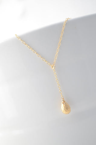 Simple gold lariat necklace with faceted drop- gold teardrop lariat