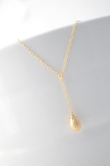 Simple gold lariat necklace with faceted drop- gold teardrop lariat