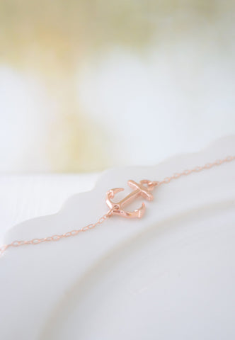 Side Anchor Necklace - Rose Gold, Gold , Silver Anchor - 1222