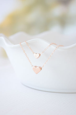 Rose gold double strand heart necklace - rose gold hearts on two rose gold filled chains - 1115