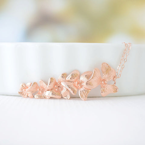 Rose Gold Orchid Necklace - rose gold flowers on rose gold necklace - 1234