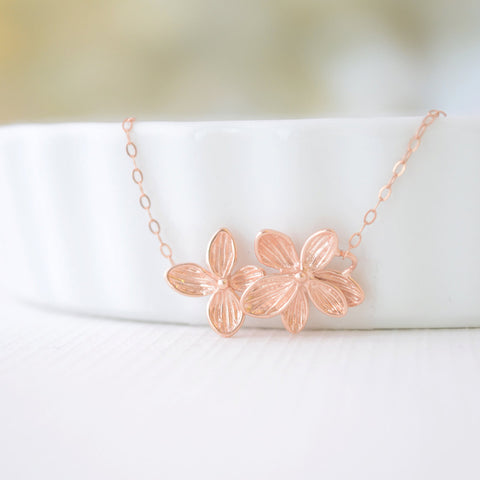 Rose Gold Double Flower Necklace - rose gold orchid flowers on rose gold necklace - 1235