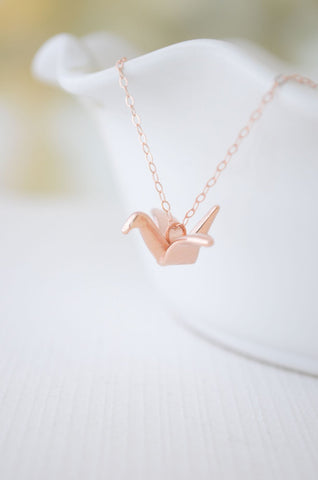 Rose gold origami crane necklace - rose gold crane - 1137