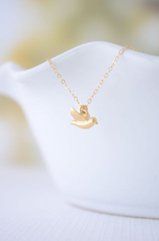 Tiny gold bird necklace 2 - little bird charm on gold filled necklace - 1129