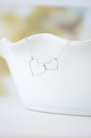 Double heart silver necklace - silver mother and child necklace - Heart Necklace - 1132