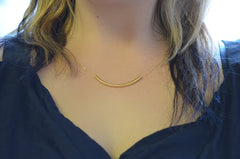 Simple long curved gold bar necklace - sleek handmade gold jewelry - 1163