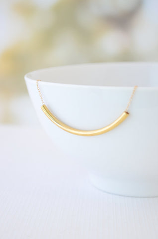 Simple long curved gold bar necklace - sleek handmade gold jewelry - 1163