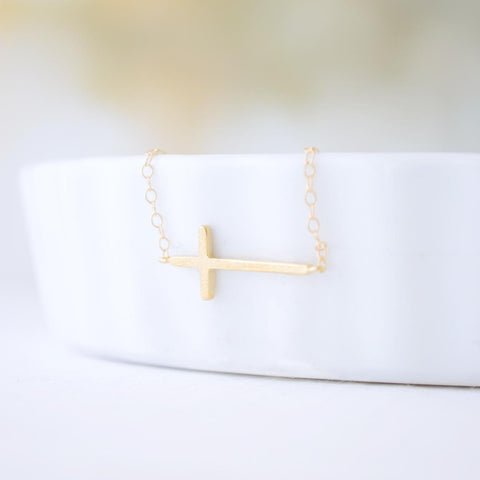 Thin Side Cross Necklace Matte Gold - 1198