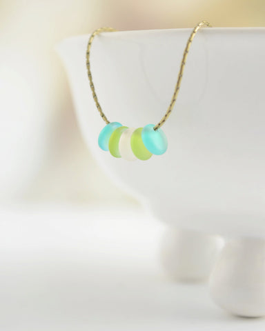 Aqua blue, lime green and soft white pebble necklace - white aqua lime necklace beach glass - 1148