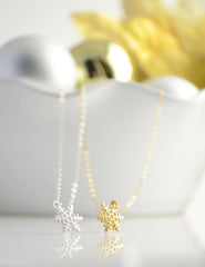 Tiny Snowflake Necklace - Silver necklace with snow crystal charm - 1253