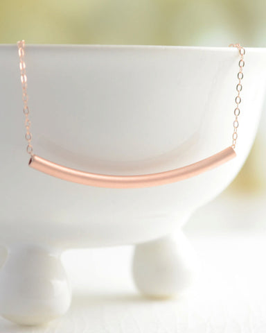 Rose gold curved bar necklace - pink gold bar necklace