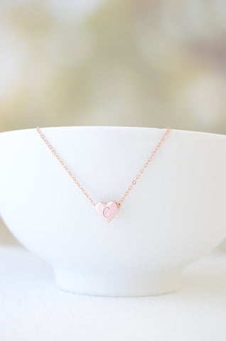 Rose gold heart initial necklace - rose gold necklace with rose gold stamped heart -1267